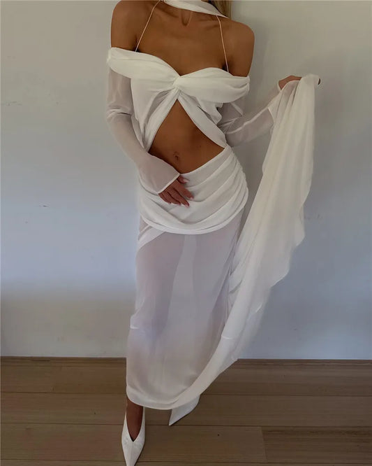 Mozision Hollow Out Ruched Sexy Maxi Dress Women Gown Halter Long Sleeve Strapless Backless Draped Slim Elegant Long Dress