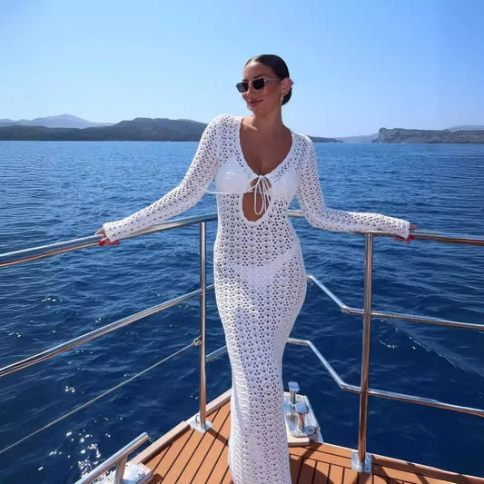 DSMTRC Women Sexy Hollow Out Slim Maxi Boho Holiday White Knitted Beach Dresses Summer Long Sleeve Bikini Cover Up Dress 2024
